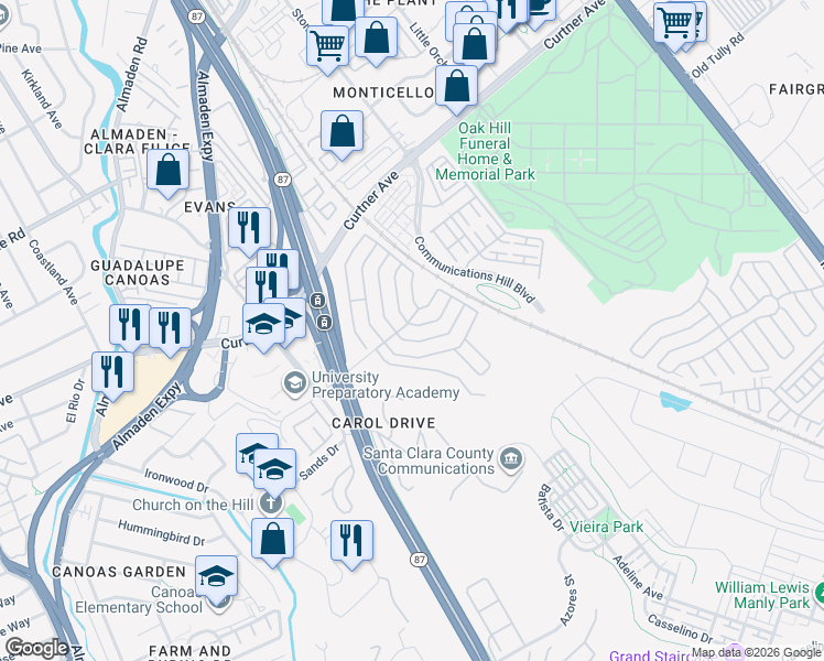 map of restaurants, bars, coffee shops, grocery stores, and more near 416 Mill Pond Drive in San Jose