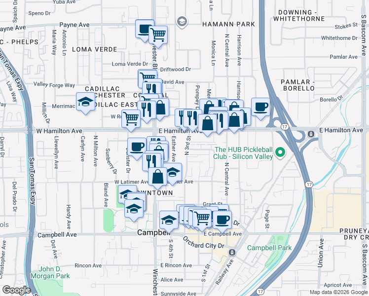map of restaurants, bars, coffee shops, grocery stores, and more near 207 Watson Drive in Campbell
