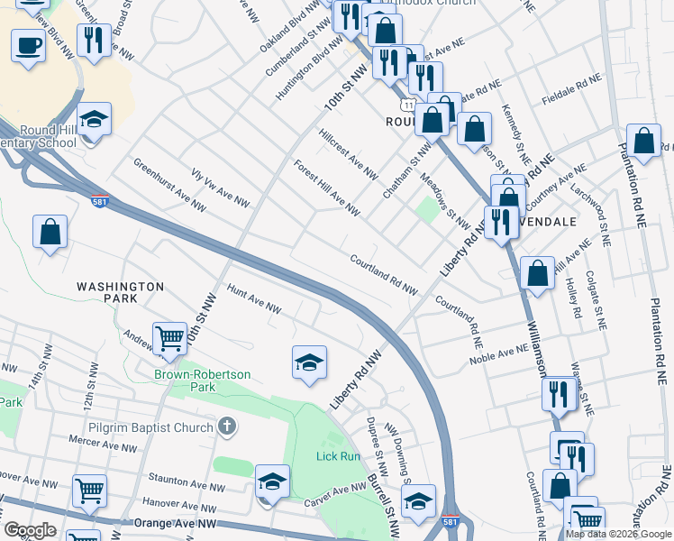 map of restaurants, bars, coffee shops, grocery stores, and more near 751 Queen Avenue Northwest in Roanoke