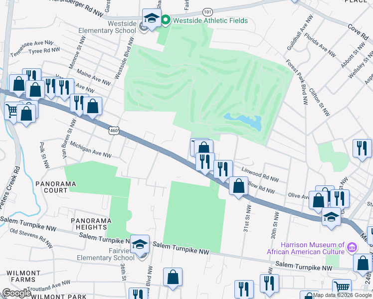 map of restaurants, bars, coffee shops, grocery stores, and more near 1024 Country Club Drive Northwest in Roanoke