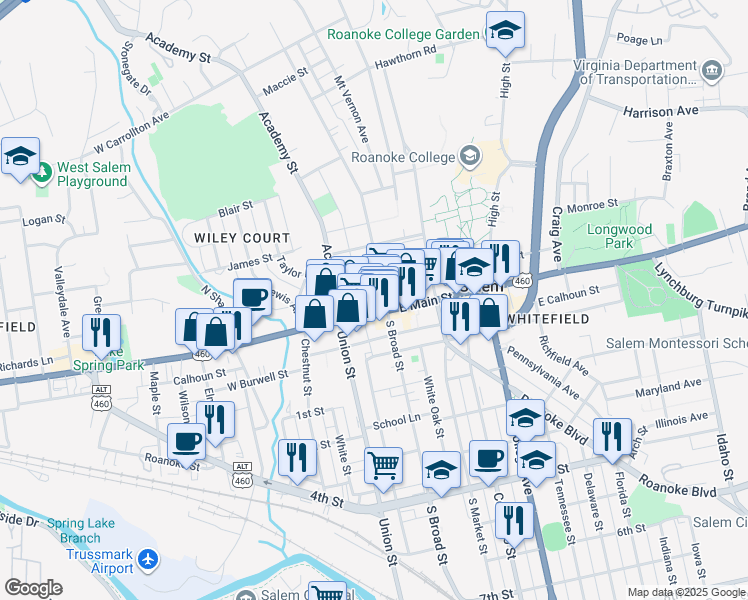 map of restaurants, bars, coffee shops, grocery stores, and more near 11 North Broad Street in Salem