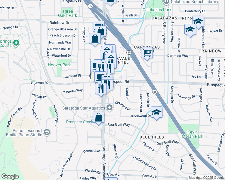 map of restaurants, bars, coffee shops, grocery stores, and more near 12133 Atrium Drive in Saratoga