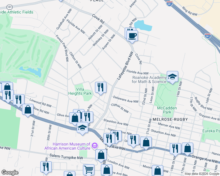 map of restaurants, bars, coffee shops, grocery stores, and more near 1326 Lafayette Boulevard Northwest in Roanoke