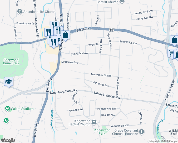 map of restaurants, bars, coffee shops, grocery stores, and more near 5237 Morwanda Avenue Northwest in Roanoke