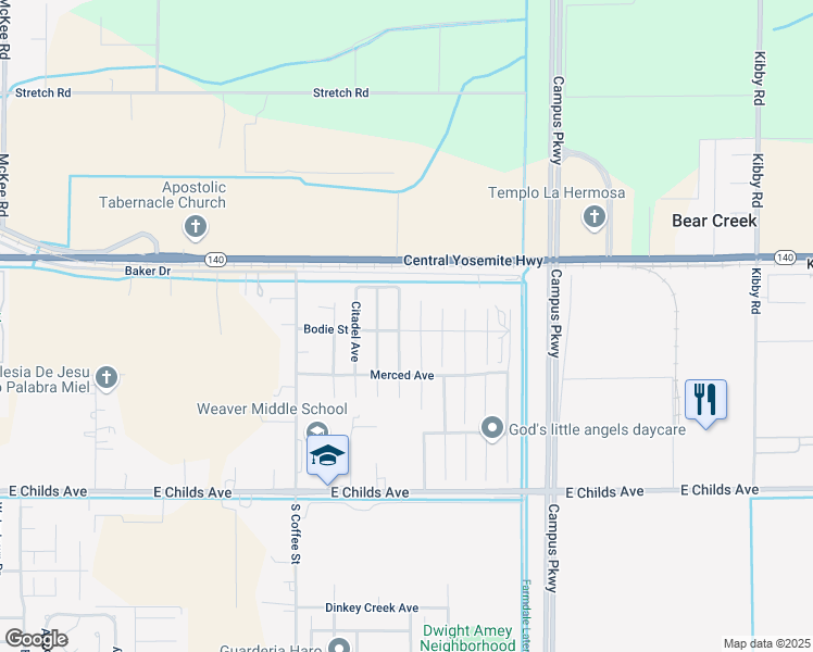 map of restaurants, bars, coffee shops, grocery stores, and more near 306 Ostrander Avenue in Merced