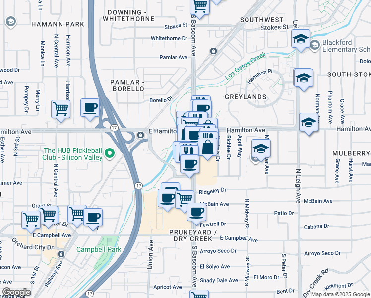 map of restaurants, bars, coffee shops, grocery stores, and more near 1661 South Bascom Avenue in Campbell