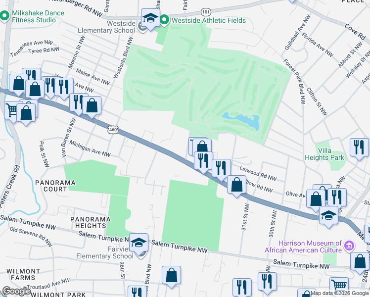 map of restaurants, bars, coffee shops, grocery stores, and more near 1024 Country Club Drive Northwest in Roanoke