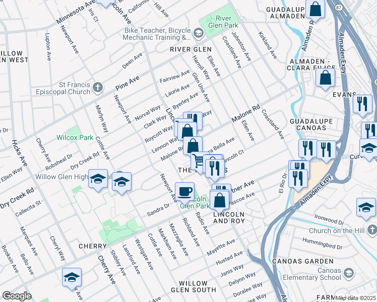 map of restaurants, bars, coffee shops, grocery stores, and more near 1261 Lincoln Avenue in San Jose