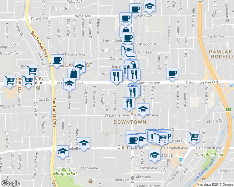 map of restaurants, bars, coffee shops, grocery stores, and more near 416 Dunster Drive in Campbell