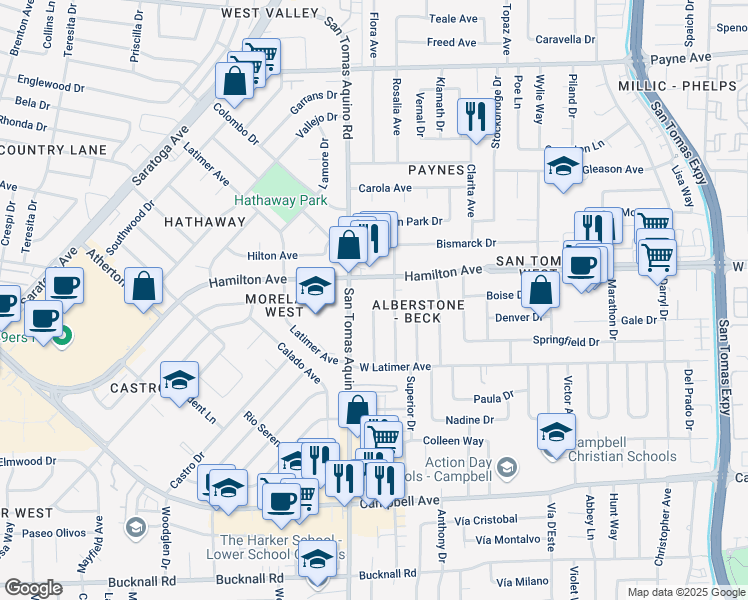 map of restaurants, bars, coffee shops, grocery stores, and more near 4141 Alberstone Drive in San Jose