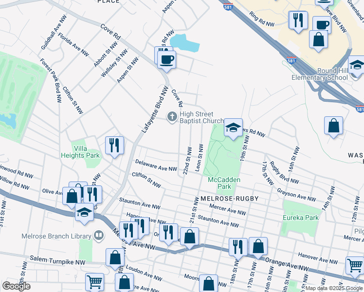 map of restaurants, bars, coffee shops, grocery stores, and more near 1413 Cove Road Northwest in Roanoke