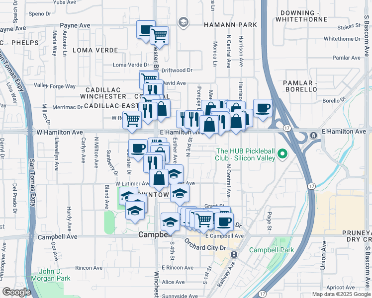 map of restaurants, bars, coffee shops, grocery stores, and more near 207 Watson Drive in Campbell