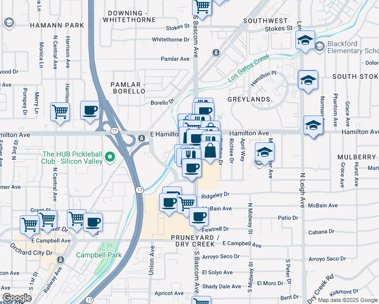 map of restaurants, bars, coffee shops, grocery stores, and more near 1661 South Bascom Avenue in Campbell