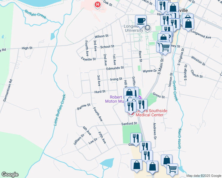 map of restaurants, bars, coffee shops, grocery stores, and more near 714 2nd Avenue in Farmville