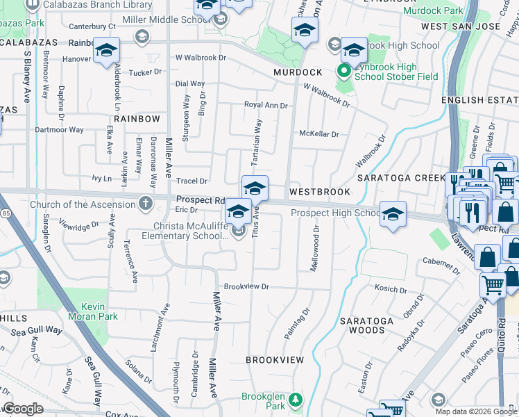 map of restaurants, bars, coffee shops, grocery stores, and more near 12022 Titus Avenue in Saratoga