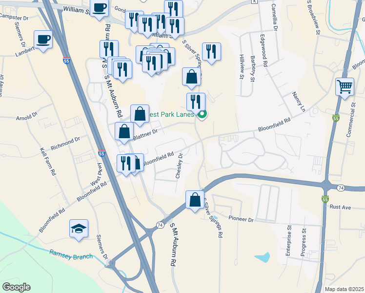 map of restaurants, bars, coffee shops, grocery stores, and more near 3105 Park Place Drive in Cape Girardeau