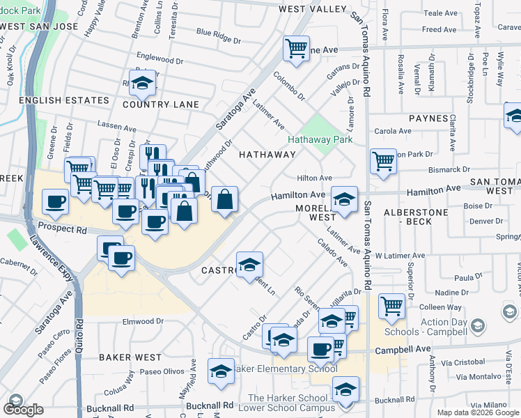 map of restaurants, bars, coffee shops, grocery stores, and more near 4584 Hamilton Avenue in San Jose