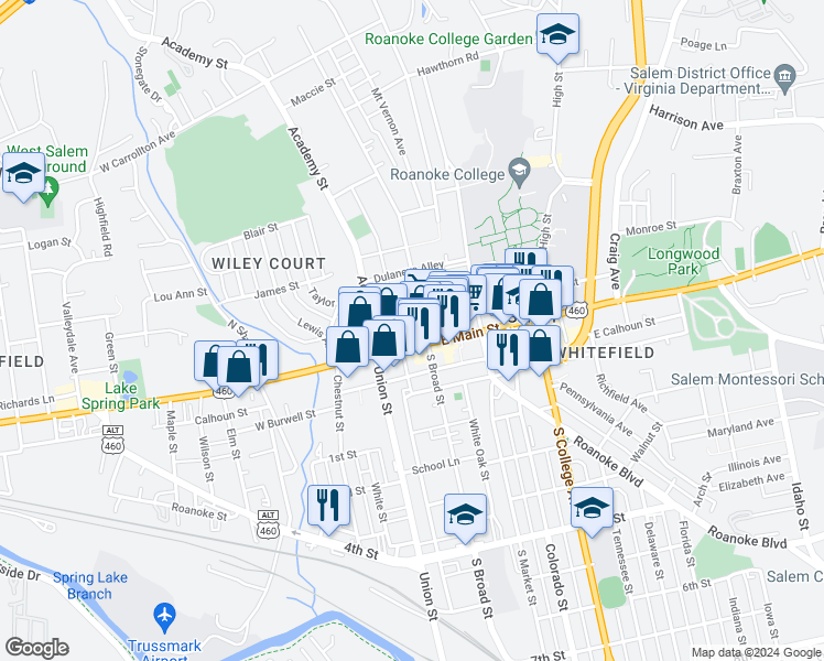 map of restaurants, bars, coffee shops, grocery stores, and more near 11 North Broad Street in Salem