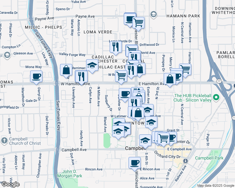 map of restaurants, bars, coffee shops, grocery stores, and more near 411 Dunster Drive in Campbell