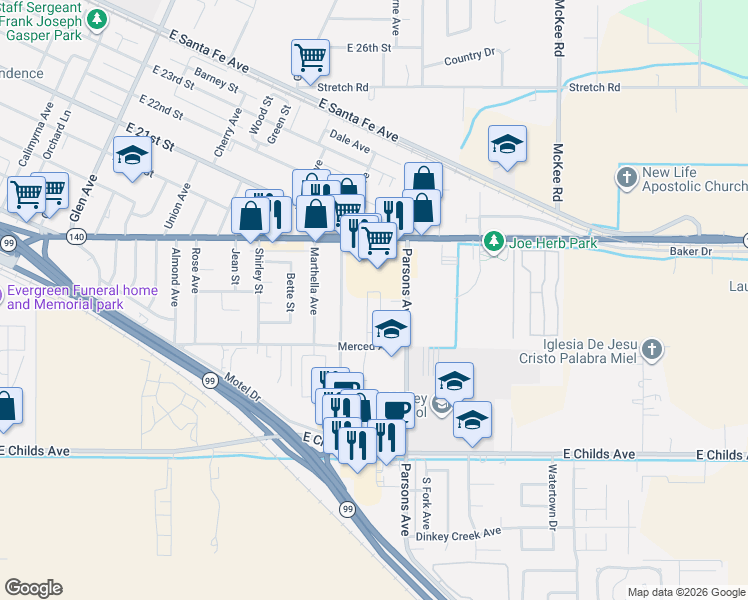 map of restaurants, bars, coffee shops, grocery stores, and more near 1680 Ellen Avenue in Merced
