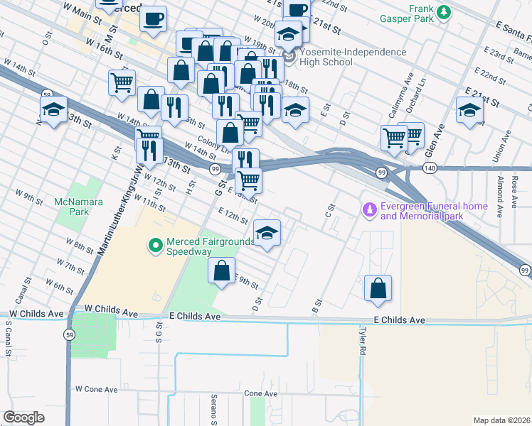 map of restaurants, bars, coffee shops, grocery stores, and more near 170 East 13th Street in Merced