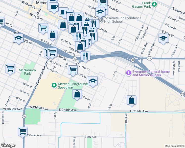 map of restaurants, bars, coffee shops, grocery stores, and more near 170 East 13th Street in Merced