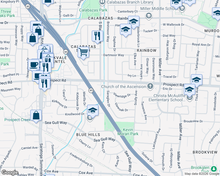map of restaurants, bars, coffee shops, grocery stores, and more near 12044 Saraglen Court in Saratoga