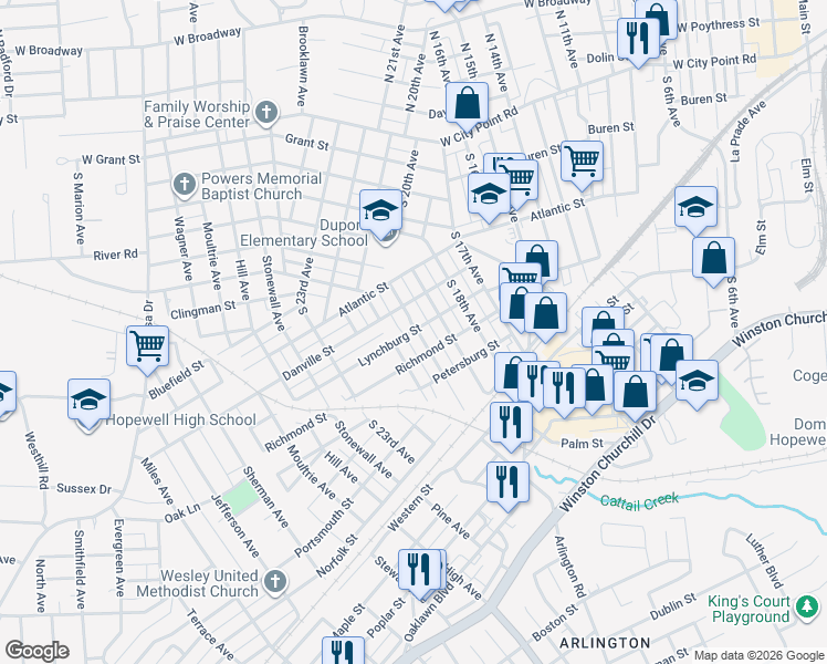 map of restaurants, bars, coffee shops, grocery stores, and more near 400 South 20th Avenue in Hopewell