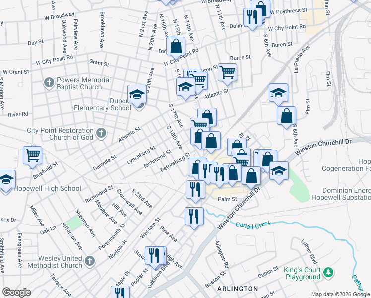 map of restaurants, bars, coffee shops, grocery stores, and more near 431 South 18th Avenue in Hopewell