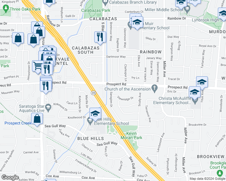 map of restaurants, bars, coffee shops, grocery stores, and more near 12044 Saraglen Court in Saratoga
