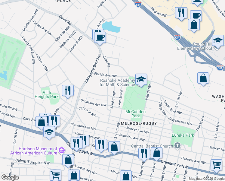 map of restaurants, bars, coffee shops, grocery stores, and more near 1413 Cove Rd NW in Roanoke