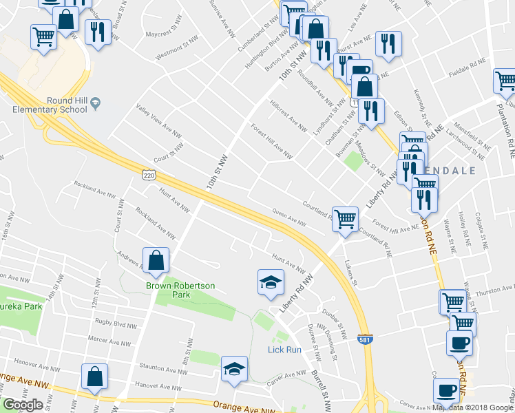 map of restaurants, bars, coffee shops, grocery stores, and more near 832 Queen Avenue Northwest in Roanoke