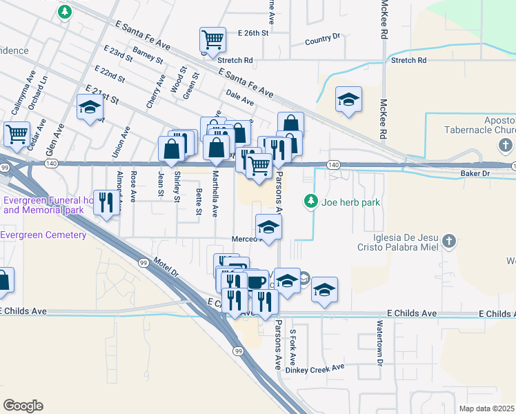map of restaurants, bars, coffee shops, grocery stores, and more near 1680 Ellen Avenue in Merced