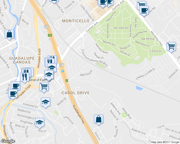 map of restaurants, bars, coffee shops, grocery stores, and more near 405 Mill Pond Drive in San Jose