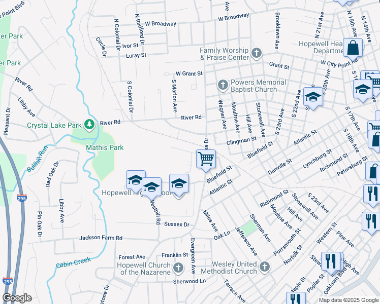 map of restaurants, bars, coffee shops, grocery stores, and more near 304 Sunset Circle in Hopewell