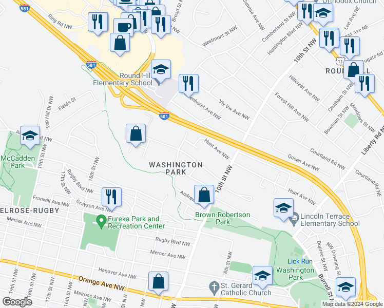 map of restaurants, bars, coffee shops, grocery stores, and more near 1117 Rockland Avenue Northwest in Roanoke