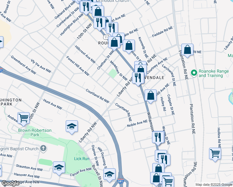 map of restaurants, bars, coffee shops, grocery stores, and more near 2502 Liberty Road Northwest in Roanoke