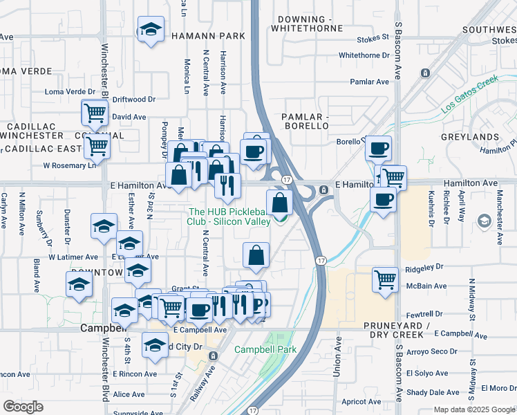 map of restaurants, bars, coffee shops, grocery stores, and more near 1 in Campbell