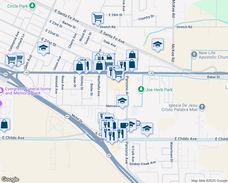 map of restaurants, bars, coffee shops, grocery stores, and more near 1680 Ellen Avenue in Merced