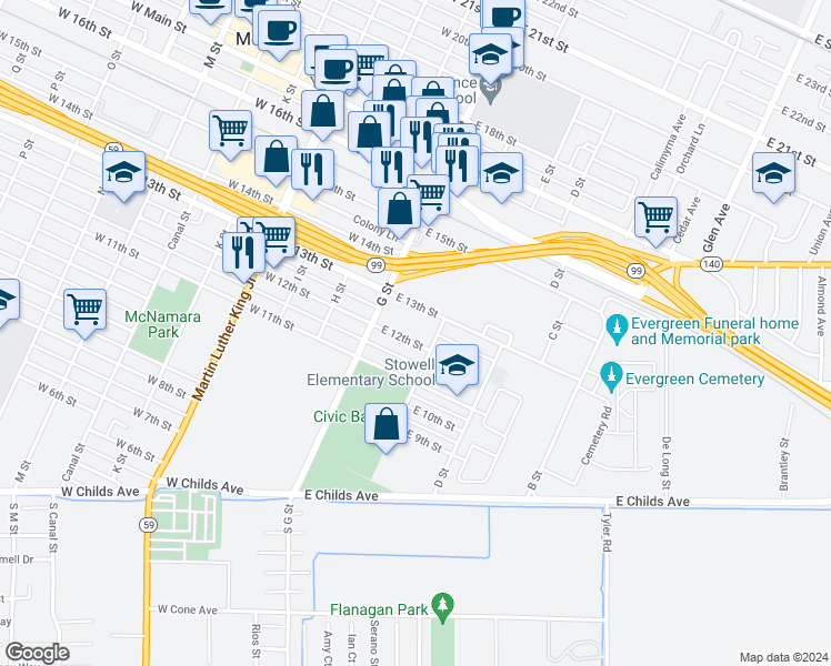 map of restaurants, bars, coffee shops, grocery stores, and more near 117 East 12th Street in Merced