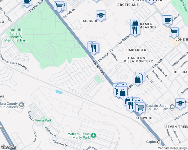 map of restaurants, bars, coffee shops, grocery stores, and more near 37 Esfahan Drive in San Jose