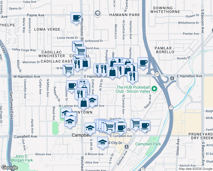 map of restaurants, bars, coffee shops, grocery stores, and more near 247 Watson Drive in Campbell