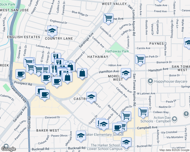 map of restaurants, bars, coffee shops, grocery stores, and more near 4584 Hamilton Avenue in San Jose