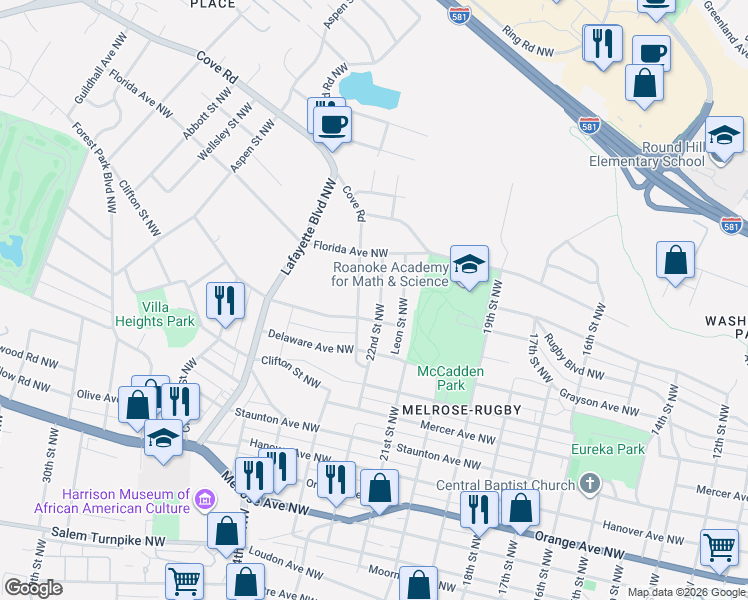 map of restaurants, bars, coffee shops, grocery stores, and more near 1413 Cove Rd NW in Roanoke