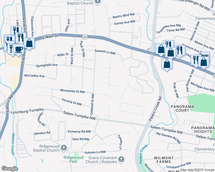 map of restaurants, bars, coffee shops, grocery stores, and more near 820 Brownwood Drive Northwest in Roanoke