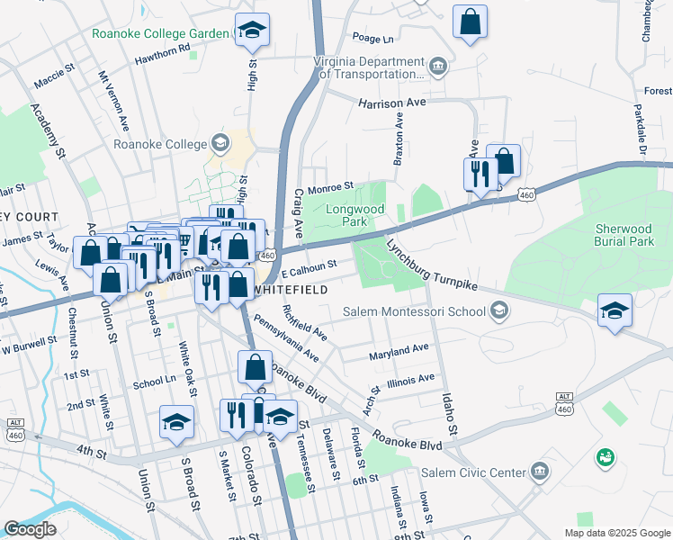 map of restaurants, bars, coffee shops, grocery stores, and more near 626 East Calhoun Street in Salem