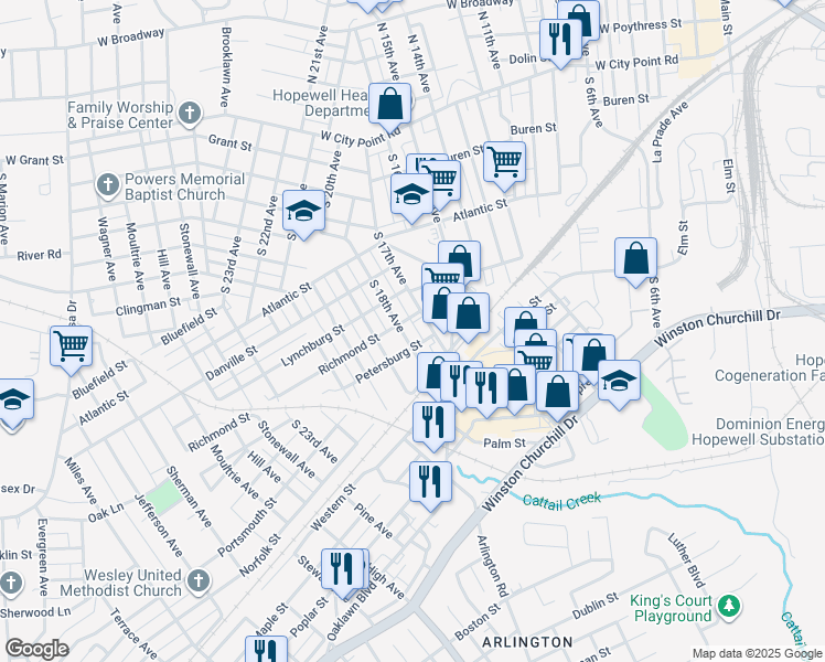 map of restaurants, bars, coffee shops, grocery stores, and more near 431 South 18th Avenue in Hopewell