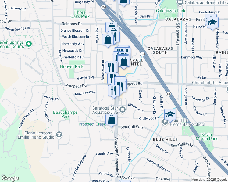 map of restaurants, bars, coffee shops, grocery stores, and more near 12029 Saratoga Sunnyvale Road in Saratoga