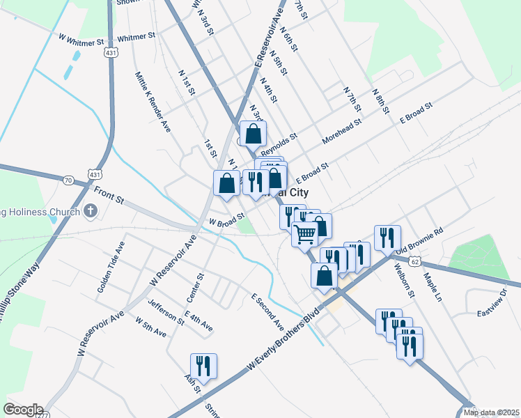 map of restaurants, bars, coffee shops, grocery stores, and more near 112 South 1st Street in Central City