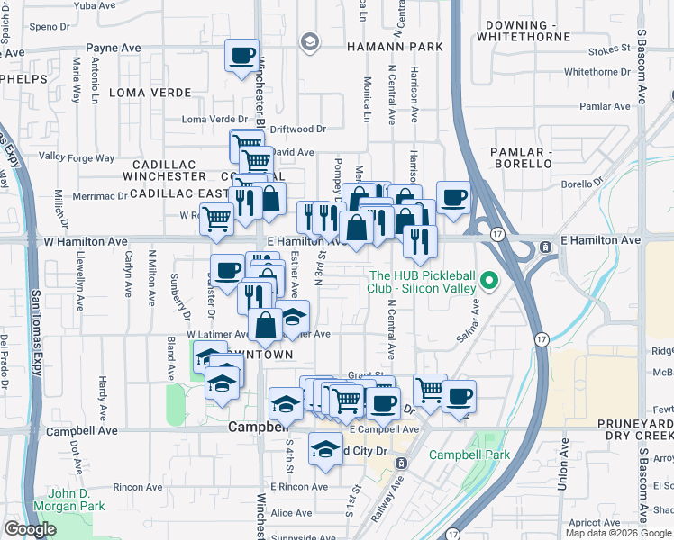 map of restaurants, bars, coffee shops, grocery stores, and more near 247 Watson Drive in Campbell